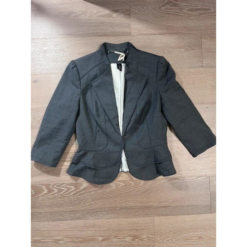 WHBM Grey Wool Blend Double Peplum Blazer Jacket 3/4 Sleeve Size 2